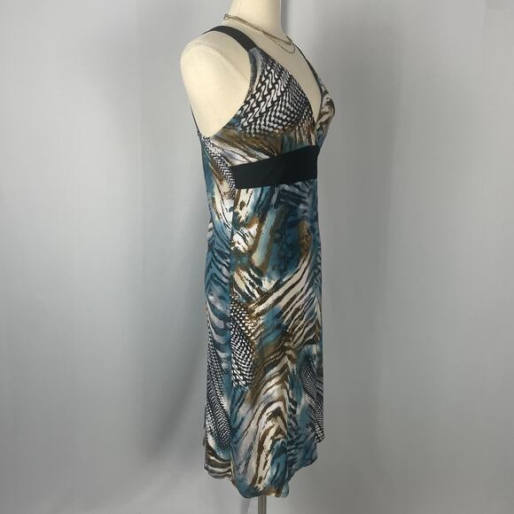 Y2K Midi Dress Size Medium Blue Brown Animal Print Sleeveless Babydoll Stretch - Picture 5 of 15